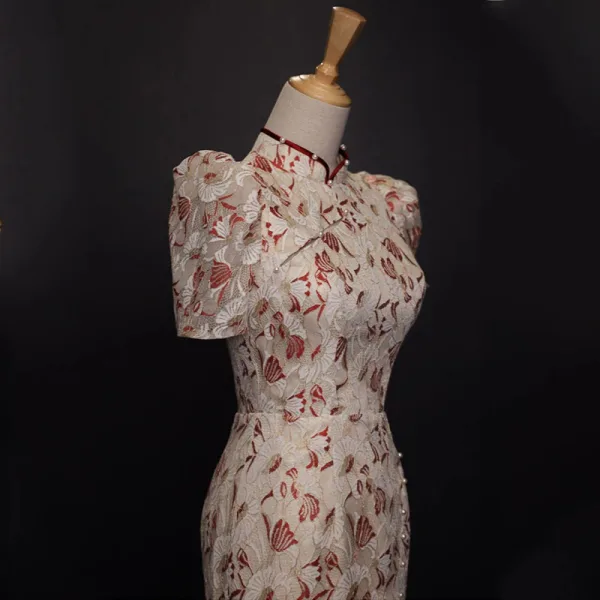 Chic / Beautiful Lace Flower Evening Party Cheongsam 2022 Trumpet / Mermaid Pearl High Neck Short Sleeve Floor-Length / Long Split Front