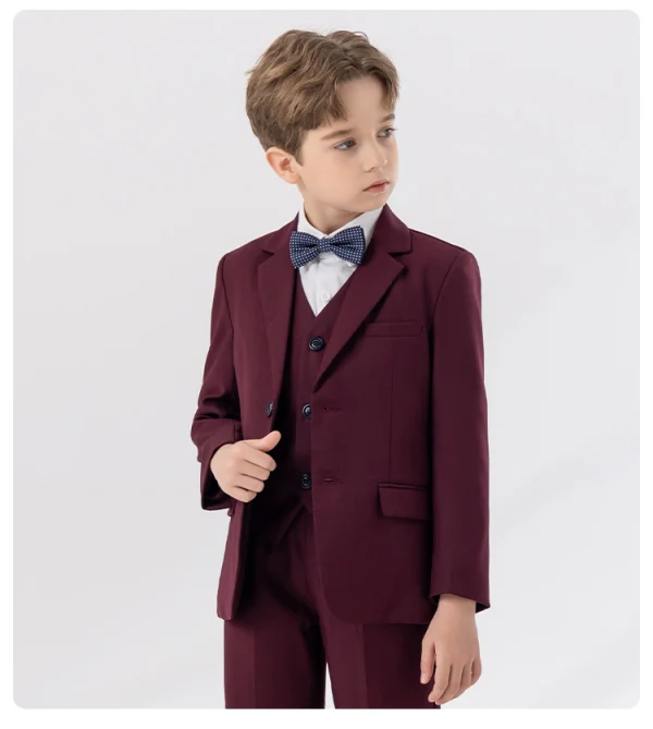 Bordeaux 5 pièces Manches Longues Costume Garçon Mariage 2024 Manteau Pantalon Chemise Cravate Gilet