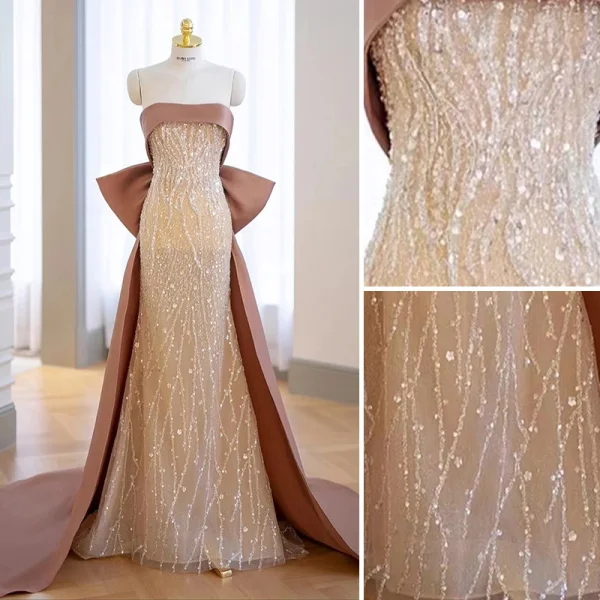 Charmant Champagne Perlage Paillettes Robe De Soirée 2022 Trompette / Sirène Bustier Sans Manches Dos Nu Noeud Tribunal Train Soirée Robe De Ceremonie