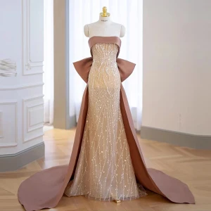 Charming Champagne Beading Sequins Evening Dresses 2022 Trumpet Mermaid Strapless Sleeveless Backless Bow Court Train Evening Party Formal Dresses