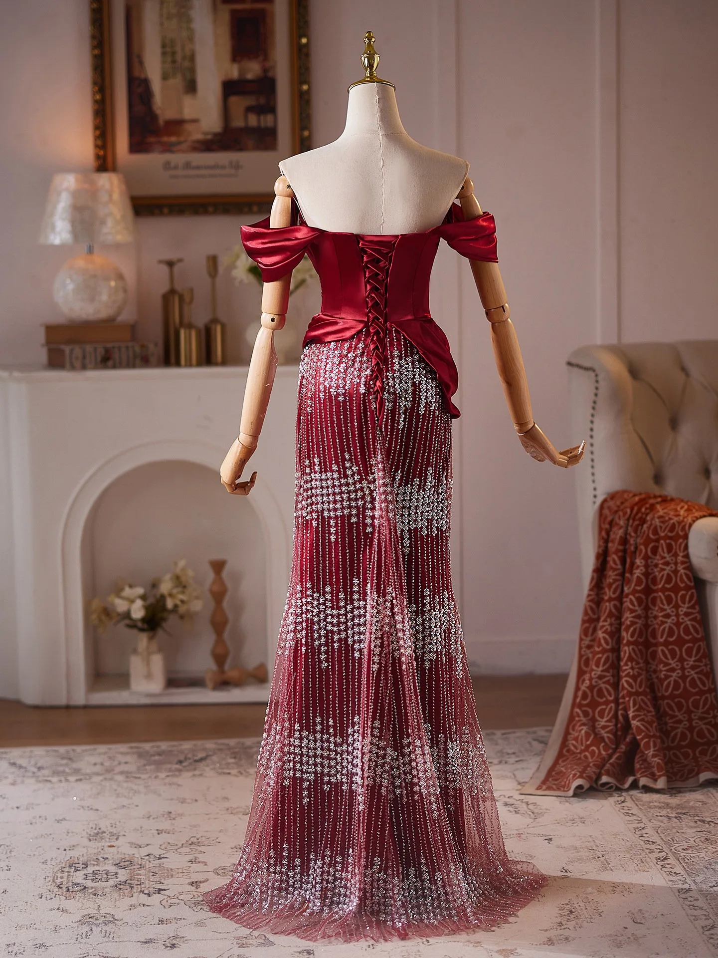 Charming Burgundy Beading Tassel Prom Dresses 2026 Trumpet Mermaid Off The  Shoulder Short Sleeve Floor Length Long Formal Dresses
