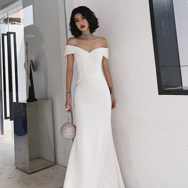 Sexy Ivory Evening Dresses 2022 Trumpet / Mermaid Off-The-Shoulder Short Sleeve Backless Floor-Length / Long Evening Party Formal Dresses