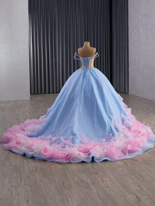 High-end Fashion Sky Blue Cascading Ruffles Sequins Rhinestone Prom Dresses 2025 Ball Gown Strapless Sleeveless Backless Court Train Formal Dresses