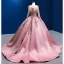 High-end Vintage / Retro Candy Pink Beading Pearl Sequins Prom Dresses 2022 Satin Ball Gown Scoop Neck Long Sleeve Backless Court Train Prom Formal Dresses