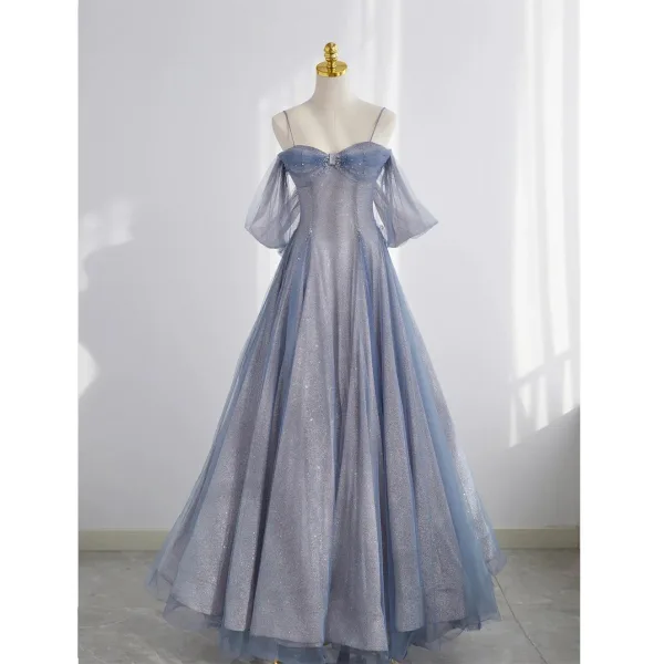 Charmant Bleu Ciel Perlage Paillettes Robe De Bal 2023 Princesse Bretelles Spaghetti Sans Manches Dos Nu Longue Promo Robe De Ceremonie