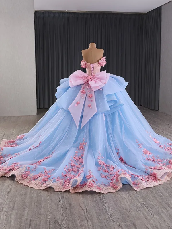 Luxury / Gorgeous Blushing Pink Appliques Pearl Lace Flower Prom Dresses 2024 Ball Gown Off-The-Shoulder Short Sleeve Backless Bow Court Train Prom Formal Dresses