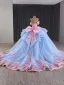 Luxury / Gorgeous Blushing Pink Appliques Pearl Lace Flower Prom Dresses 2024 Ball Gown Off-The-Shoulder Short Sleeve Backless Bow Court Train Prom Formal Dresses