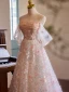 High-end Flower Fairy Blushing Pink Pearl Appliques Sequins Prom Dresses 2024 A-Line / Princess Off-The-Shoulder Short Sleeve Backless Sweep Train Prom Formal Dresses