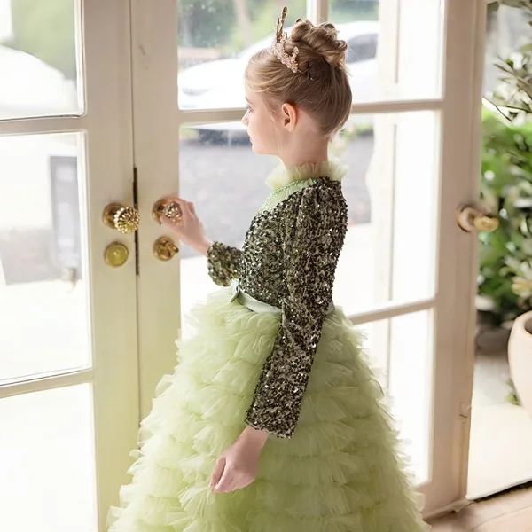 Sparkly Sage Green Cascading Ruffles Sequins Birthday Flower Girl Dresses 2024 A-Line / Princess High Neck Long Sleeve Bow Sash Floor-Length / Long Flower Girl Dresses