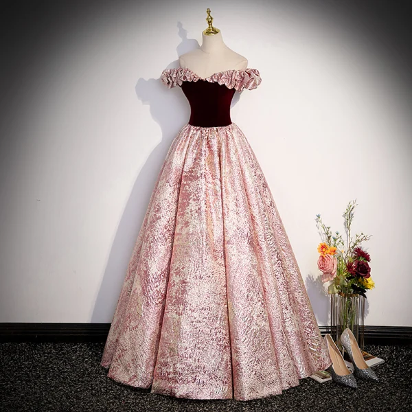 Chic / Beautiful Burgundy Glitter Prom Dresses 2023 A-Line / Princess Off-The-Shoulder Sleeveless Backless Floor-Length / Long Prom Formal Dresses