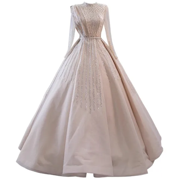 High-end Champagne Handmade Beading Sequins Prom Dresses 2023 Ball Gown High Neck Long Sleeve Floor-Length / Long Formal Dresses