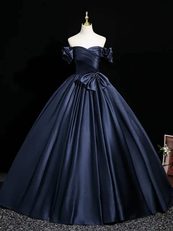 Vintage / Retro Navy Blue Bow Satin Prom Dresses 2025 Ball Gown Off-The-Shoulder Short Sleeve Backless Floor-Length / Long Formal Dresses