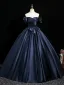 Vintage / Retro Navy Blue Bow Satin Prom Dresses 2025 Ball Gown Off-The-Shoulder Short Sleeve Backless Floor-Length / Long Formal Dresses