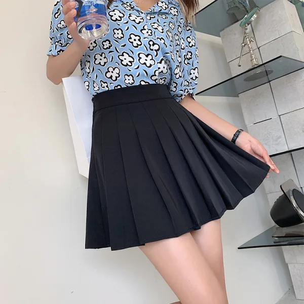 Casual Svarta Plisserad Kjolar 2021 Dragkedja Enfärgad Polyester Sommar Mini Kvinna Bottoms