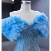 High-end Sparkly Sky Blue Glitter Sequins Prom Dresses 2023 Trumpet / Mermaid Off-The-Shoulder Ruffle Short Sleeve Backless Sweep Train Prom Formal Dresses