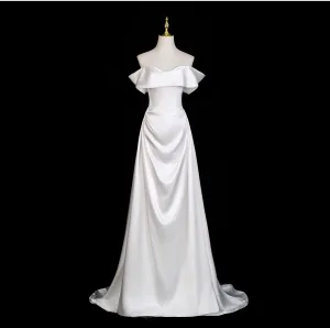 Charming White Satin Evening Dresses 2025 A Line Princess Strapless Sleeveless Backless Sweep Train Evening Party Formal Dresses