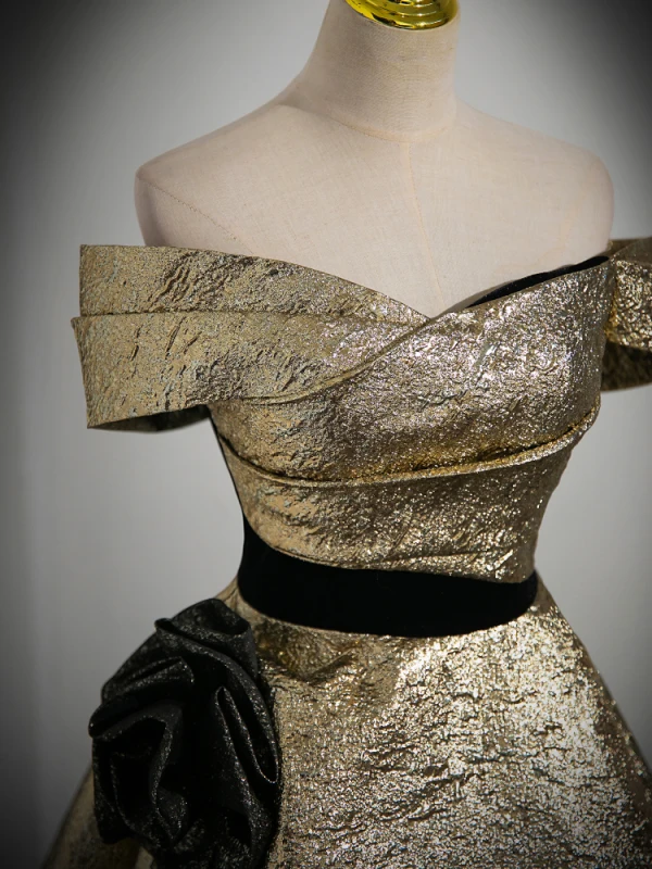 Unusual Gold Glitter Prom Dresses 2023 Ball Gown Off-The-Shoulder Short Sleeve Backless Floor-Length / Long Prom Formal Dresses