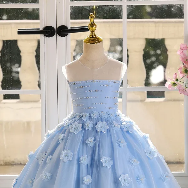 Chic / Beautiful Sky Blue Appliques Pearl Birthday Flower Girl Dresses 2025 Ball Gown Scoop Neck Sleeveless Backless Floor-Length / Long