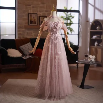 Fée Des Fleurs Rougissant Rose Perlage Paillettes Papillon Appliques Robe De Bal 2025 Princesse Col Haut Sans Manches Dos Nu Longue Robe De Ceremonie