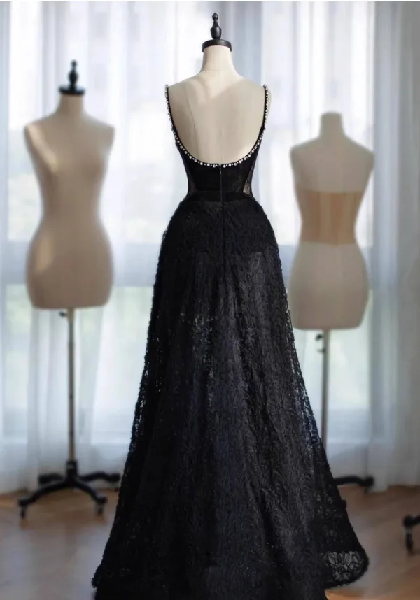 Charmant Noire Faux Diamant En Dentelle Fleur Robe De Soirée 2026 Princesse Bretelles Spaghetti Sans Manches Dos Nu Longue Soirée Robe De Ceremonie