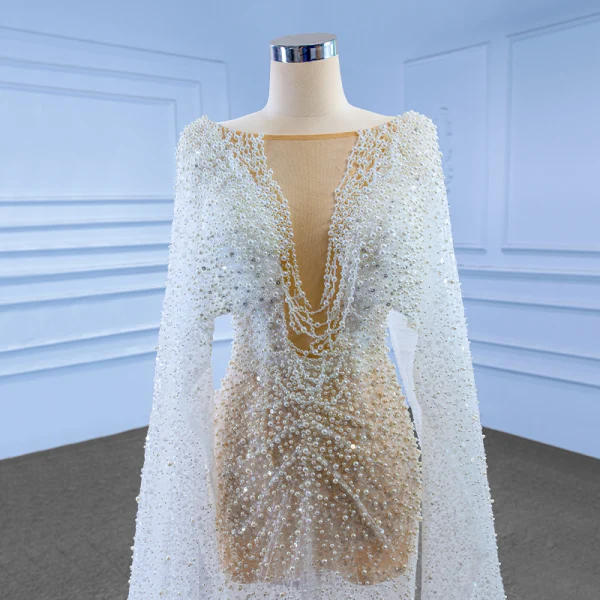 Luxury / Gorgeous Ivory Handmade  Beading Sequins Pearl Wedding Dresses 2022 Trumpet / Mermaid Scoop Neck Long Sleeve Backless Sweep Train Wedding