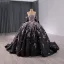 Vintage / Retro High-end Black Handmade  Beading Prom Dresses 2024 Ball Gown Off-The-Shoulder Short Sleeve Backless Bow Court Train Prom Formal Dresses