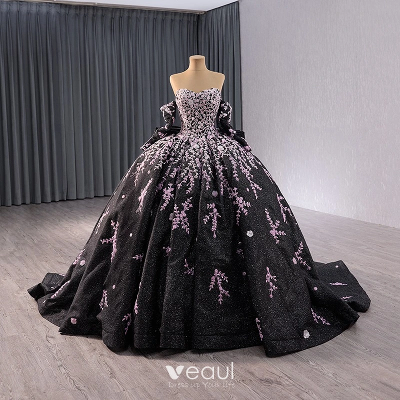 Vintage Retro High end Black Handmade Beading Prom Dresses 2024 Ball Gown Off The Shoulder Short Sleeve Backless Bow Court Train Prom Formal Dresses