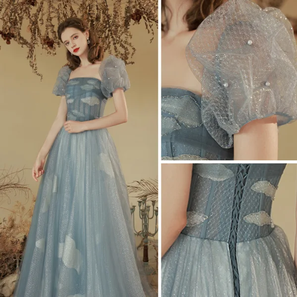 Chic / Beautiful Sky Blue Glitter Beading Sequins Pearl Prom Dresses 2023 A-Line / Princess Off-The-Shoulder Short Sleeve Backless Floor-Length / Long Prom Formal Dresses