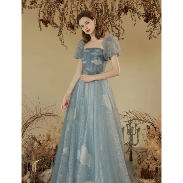 Chic / Beautiful Sky Blue Glitter Beading Sequins Pearl Prom Dresses 2023 A-Line / Princess Off-The-Shoulder Short Sleeve Backless Floor-Length / Long Prom Formal Dresses