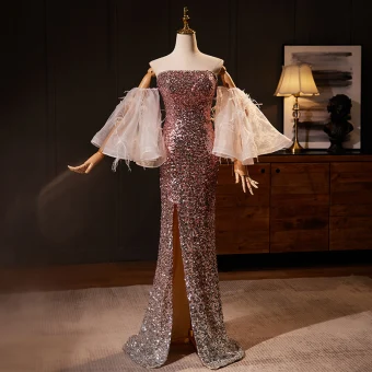 Sparkly Sexy Champagne Sequins Split Front Evening Dresses 2024 Trumpet Mermaid Strapless Sleeveless Backless Floor Length Long Evening Party Formal Dresses
