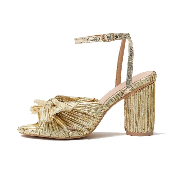 Vintage / Retro Gold Bow Street Wear Womens Sandals 2022 Ankle Strap 6 cm Thick Heels Open / Peep Toe Sandals High Heels