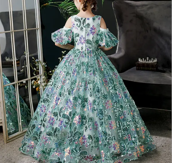 Vintage / Retro Green Sequins Birthday Flower Girl Dresses 2024 Ball Gown Scoop Neck Short Sleeve Floor-Length / Long