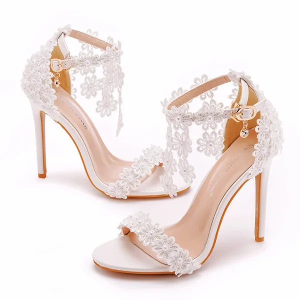 Sexy White Pearl Lace Flower Ankle Strap Wedding Shoes 2025 11 cm Stiletto Heels Open / Peep Toe Wedding Sandals High Heels