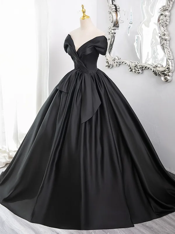 Elegant Black Satin Prom Dresses 2024 Ball Gown Off-The-Shoulder Sleeveless Backless Floor-Length / Long Prom Formal Dresses