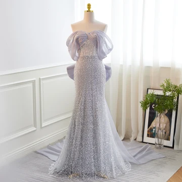 Charmant Bleu Ciel Perlage Robe De Soirée 2024 Trompette Sirène Bustier Noeud Sans Manches Dos Nu Train De Balayage Soirée Robe De Ceremonie