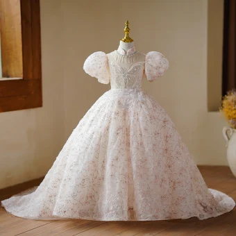 Charmant Champagne Paillettes Perlage Perle Papillon Anniversaire Robe Ceremonie Fille 2023 Robe Boule Col Haut Gonflée Manches Courtes Longue Robe Ceremonie Fille