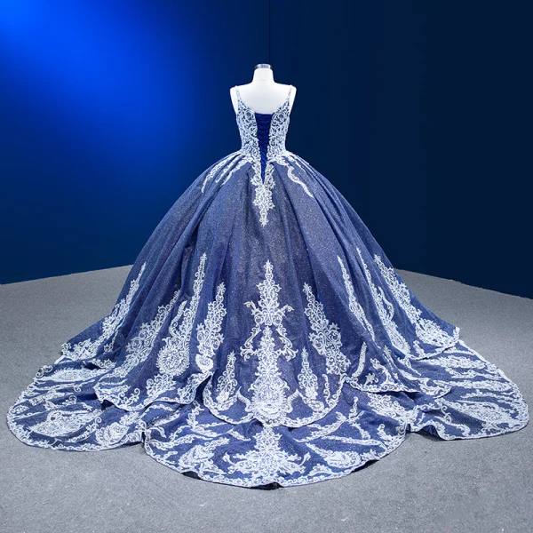 High-end Ocean Blue Glitter Beading Lace Flower Prom Dresses 2023 Ball Gown Spaghetti Straps Sleeveless Backless Floor-Length / Long Prom Formal Dresses