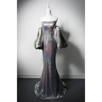 Sparkly Multi Colors Sequins Silver Evening Dresses 2024 Trumpet Mermaid Strapless Short Sleeve Backless Sweep Train Evening Party