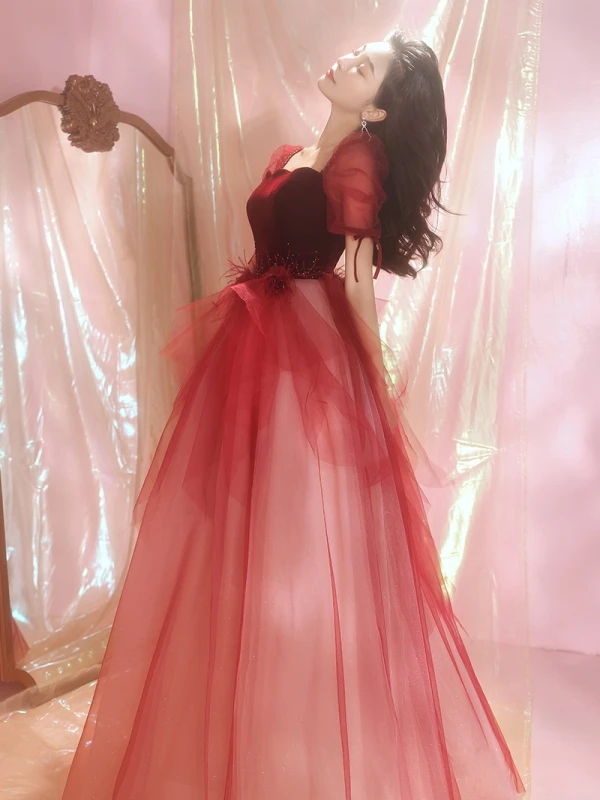 Chic / Beautiful Burgundy Evening Dresses 2023 A-Line / Princess Square Neckline Short Sleeve Backless Floor-Length / Long Evening Party Formal Dresses