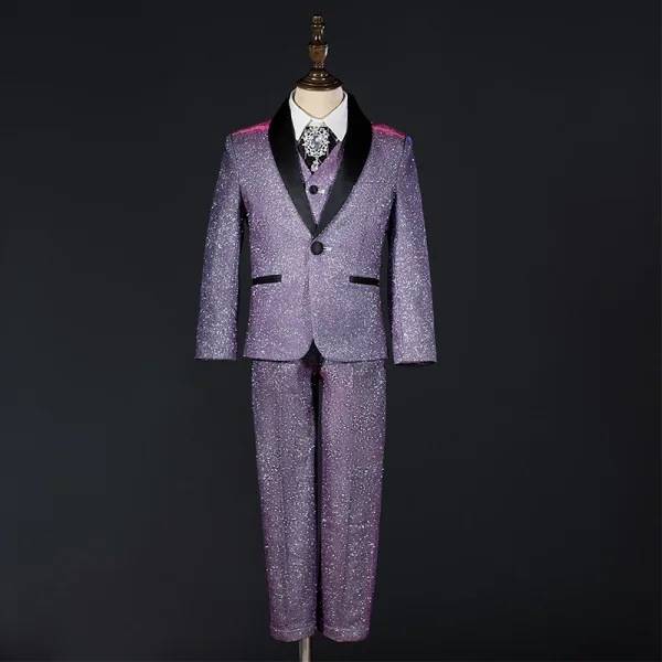 Fashion Bling Bling Purple 5-piece Glitter Rhinestone Long Sleeve Boys Wedding Suits 2025