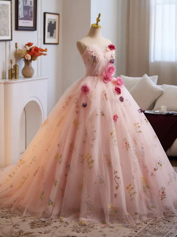 Flower Fairy Blushing Pink Appliques Prom Dresses 2025 Ball Gown Strapless Sleeveless Backless Sweep Train Formal Dresses