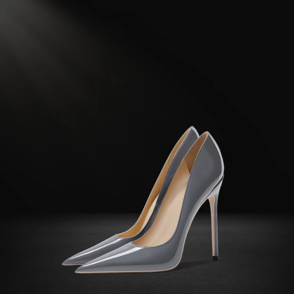 Mode Gris Soirée Cuir Verni Escarpins 2023 Cuir 12 cm Talons Aiguilles À Bout Pointu Escarpins Talons Hauts