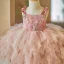 Chic / Beautiful Blushing Pink Pearl Rhinestone Cascading Ruffles Short Birthday Flower Girl Dresses 2024 Ball Gown Square Neckline Sleeveless Backless