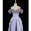 Chic / Beautiful Lavender Pearl Appliques Satin Prom Dresses 2024 A-Line / Princess Off-The-Shoulder Sleeveless Backless Floor-Length / Long Prom Formal Dresses