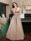 Charmant Scintillantes Kaki Paillettes Robe De Bal 2022 Princesse Volants De l'épaule Perlage Manches Courtes Dos Nu Longue Robe De Ceremonie