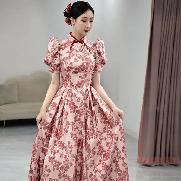 Elegant Burgundy Floral Prom Dresses 2022 A-Line / Princess High Neck Puffy Short Sleeve Backless Prom Floor-Length / Long Formal Dresses