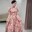 Elegant Burgundy Floral Prom Dresses 2022 A-Line / Princess High Neck Puffy Short Sleeve Backless Prom Floor-Length / Long Formal Dresses