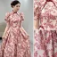 Elegant Burgundy Floral Prom Dresses 2022 A-Line / Princess High Neck Puffy Short Sleeve Backless Prom Floor-Length / Long Formal Dresses