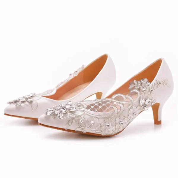 Élégant Blanche Faux Diamant En Dentelle Fleur Chaussure De Mariée 2023 5 cm Talons Aiguilles À Bout Pointu Mariage Escarpins Talons Hauts