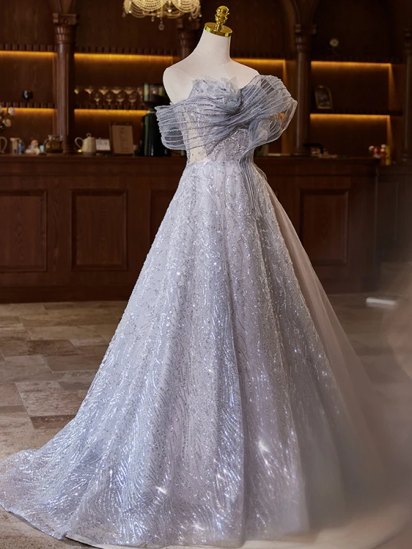 High-end Grey Beading Sequins Prom Dresses 2024 A-Line / Princess Off-The-Shoulder Sleeveless Backless Floor-Length / Long Prom Formal Dresses